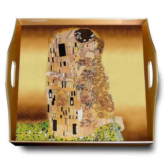 Plateau En Verre - Le baiser de Gustav Klimt - Plateau carré en fixé sous verre avec structure d'aluminium